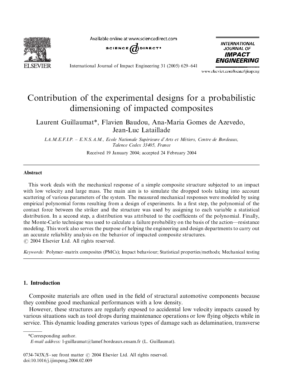 Contribution of the experimental designs for a probabilistic dimensioning of impacted composites