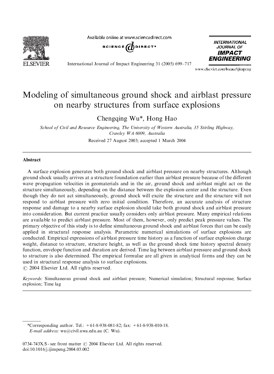 Modeling of simultaneous ground shock and airblast pressure on nearby structures from surface explosions