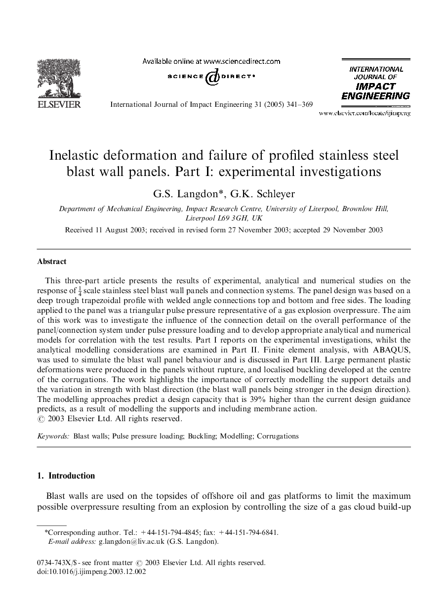 Inelastic deformation and failure of profiled stainless steel blast wall panels. Part I: experimental investigations