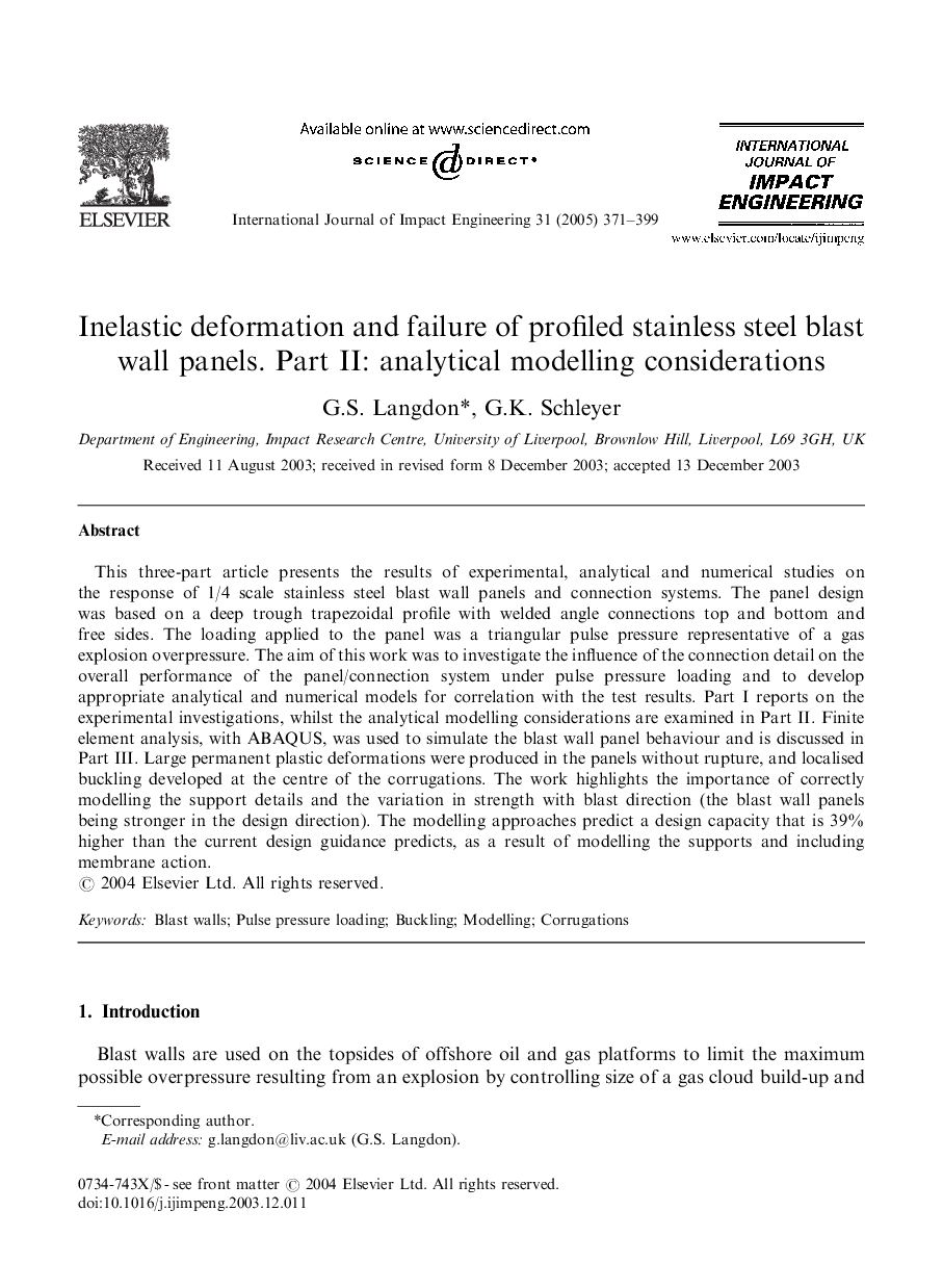 Inelastic deformation and failure of profiled stainless steel blast wall panels. Part II: analytical modelling considerations