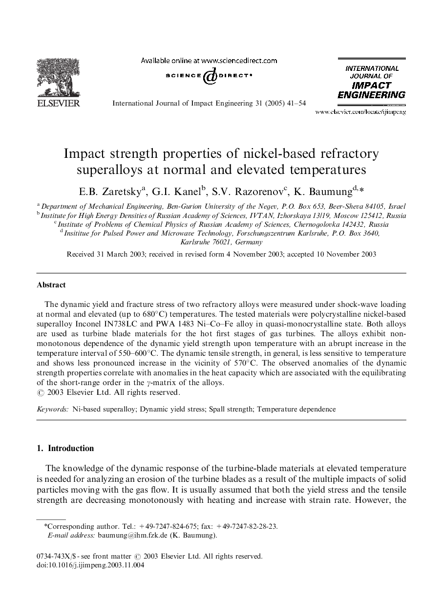 Impact strength properties of nickel-based refractory superalloys at normal and elevated temperatures