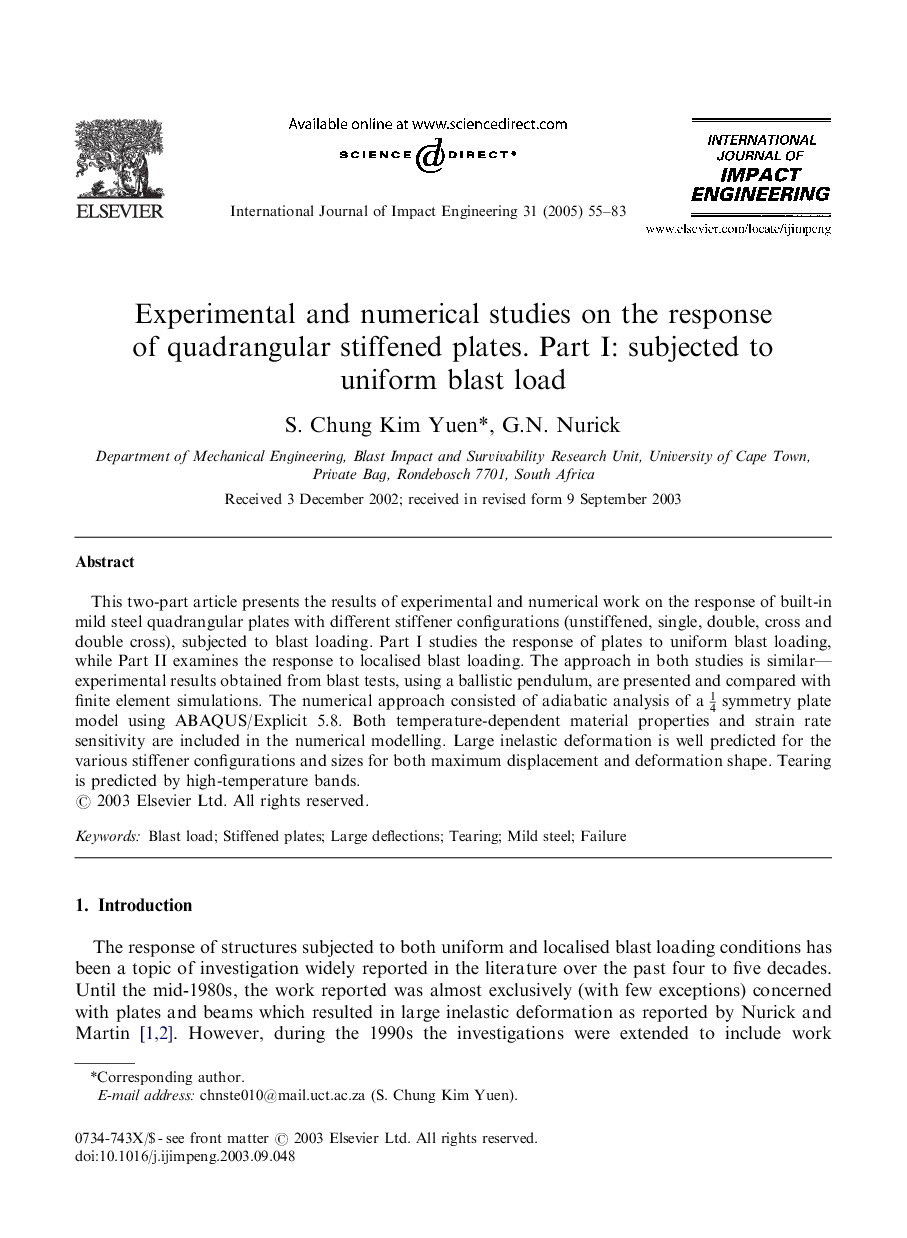 Experimental and numerical studies on the response of quadrangular stiffened plates. Part I: subjected to uniform blast load