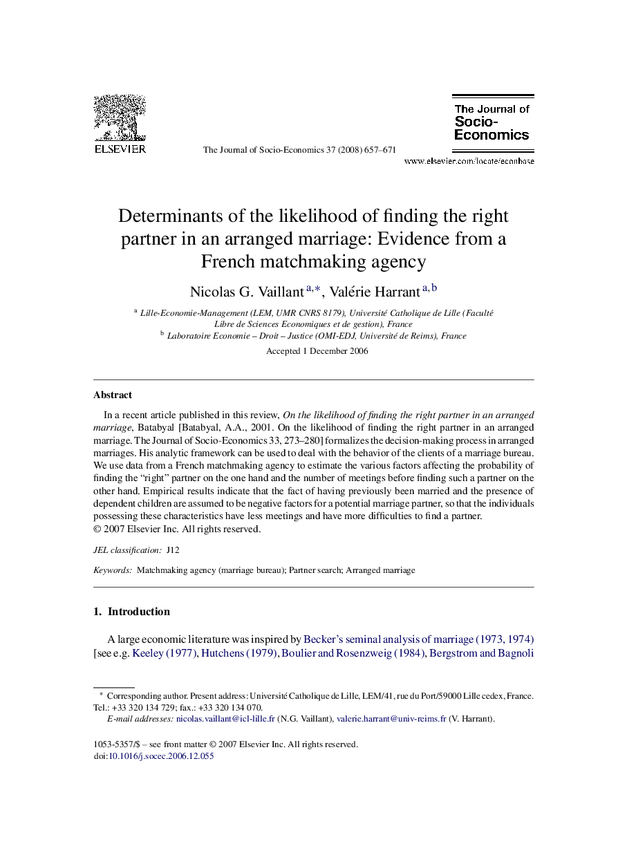 Determinants of the likelihood of finding the right partner in an arranged marriage: Evidence from a French matchmaking agency