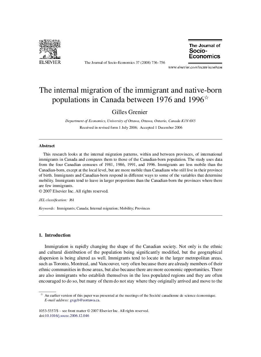 The internal migration of the immigrant and native-born populations in Canada between 1976 and 1996