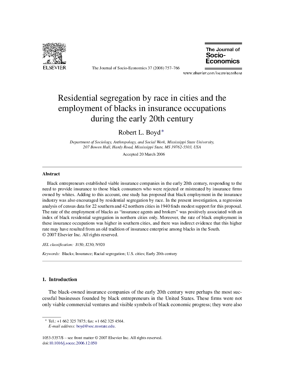 Residential segregation by race in cities and the employment of blacks in insurance occupations during the early 20th century