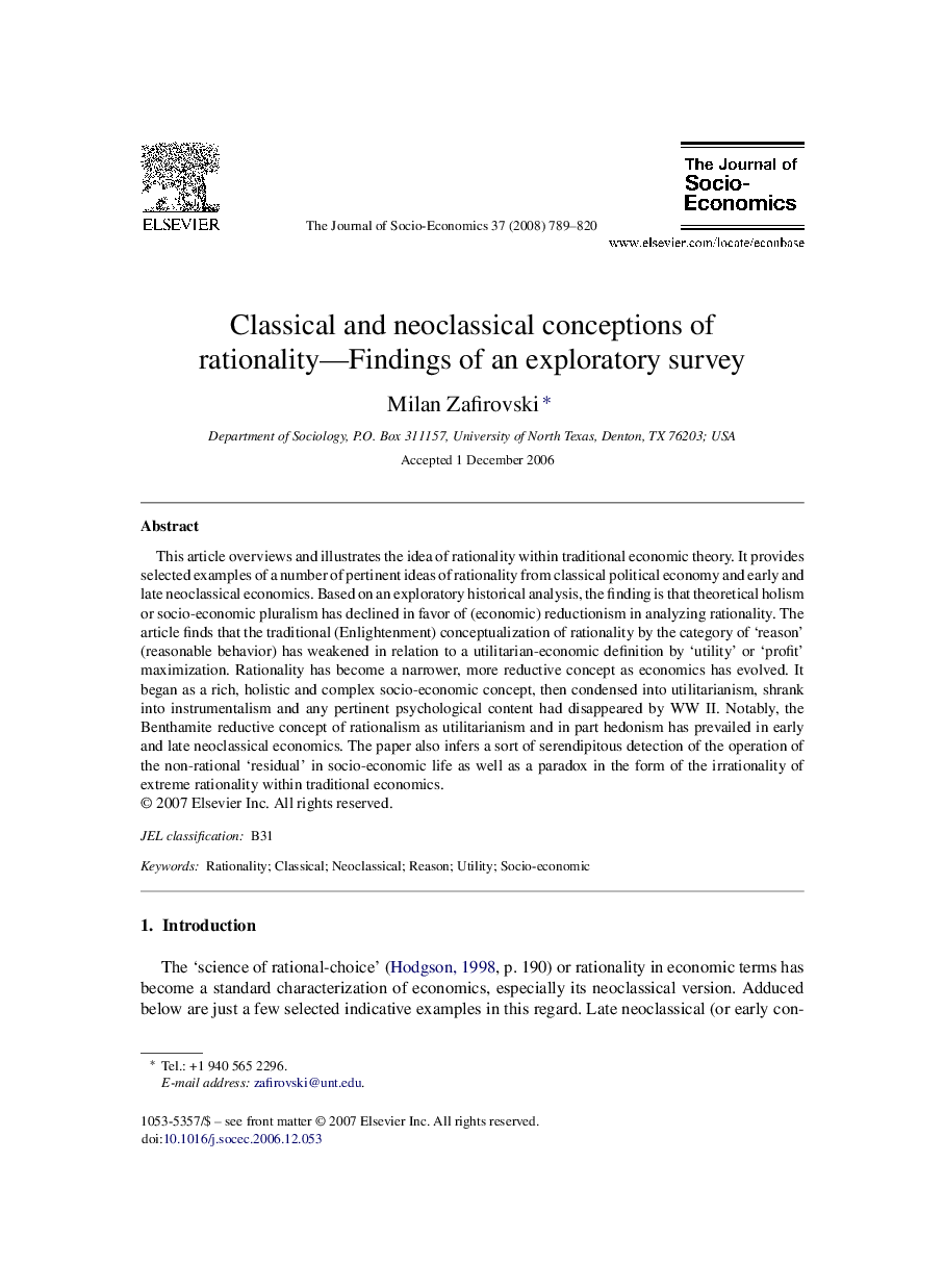 Classical and neoclassical conceptions of rationality—Findings of an exploratory survey