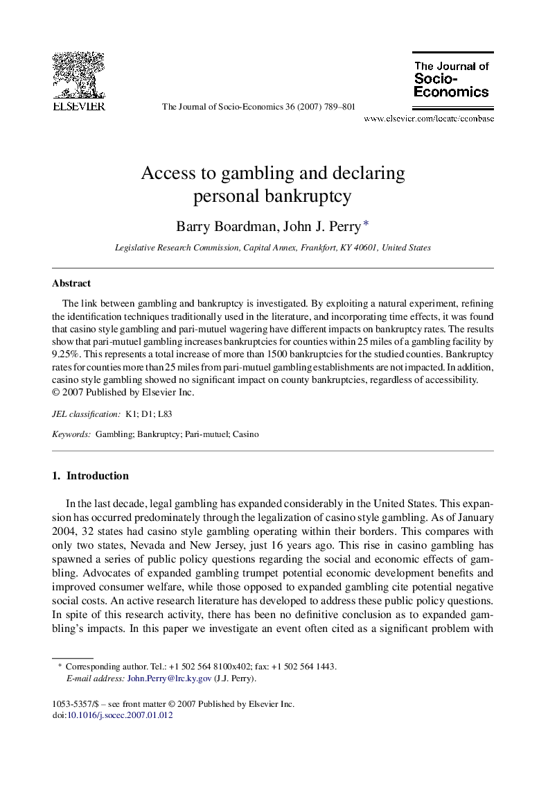 Access to gambling and declaring personal bankruptcy