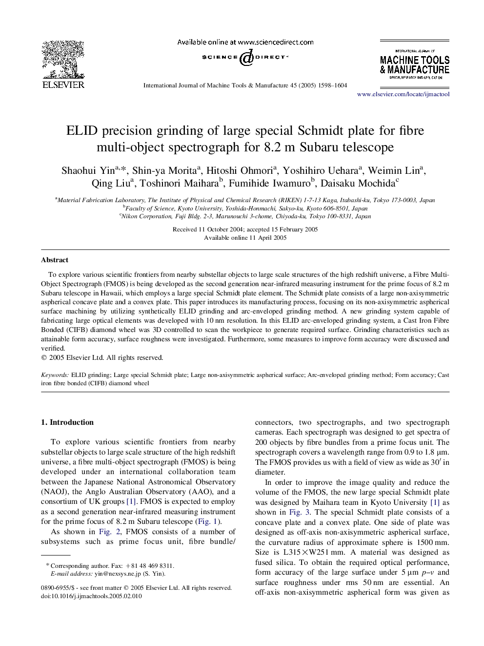 ELID precision grinding of large special Schmidt plate for fibre multi-object spectrograph for 8.2Â m Subaru telescope