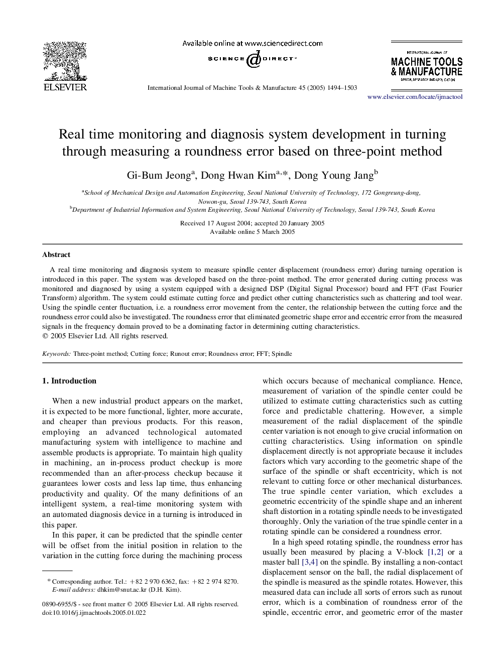 Real time monitoring and diagnosis system development in turning through measuring a roundness error based on three-point method