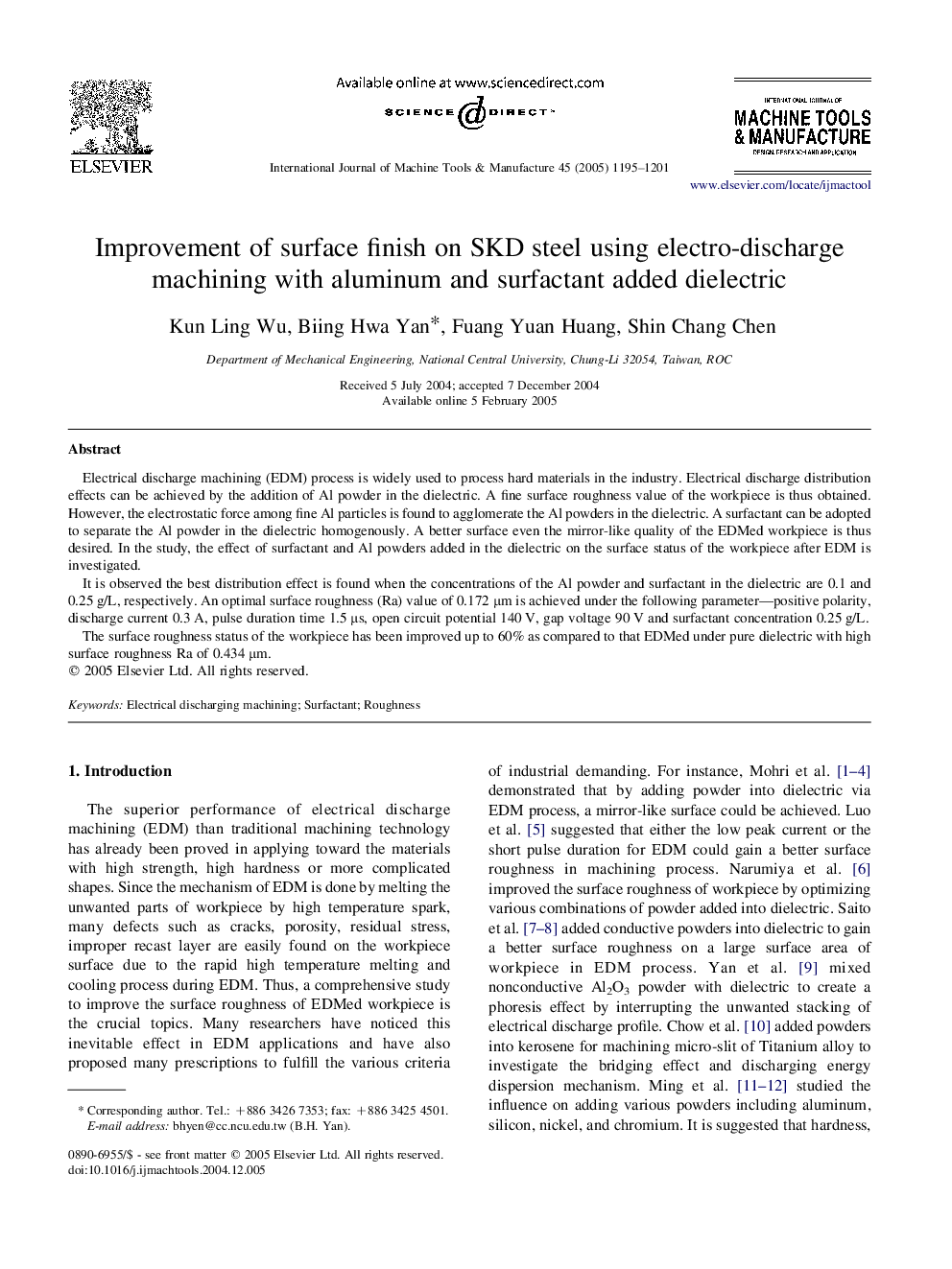 Improvement of surface finish on SKD steel using electro-discharge machining with aluminum and surfactant added dielectric