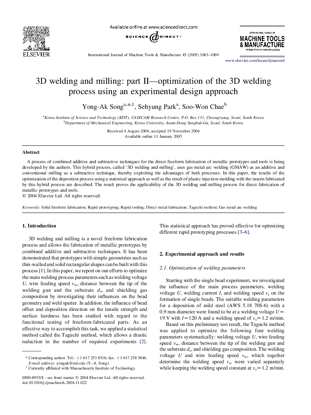 3D welding and milling: part II-optimization of the 3D welding process using an experimental design approach