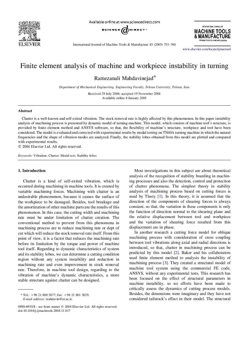 Finite element analysis of machine and workpiece instability in turning