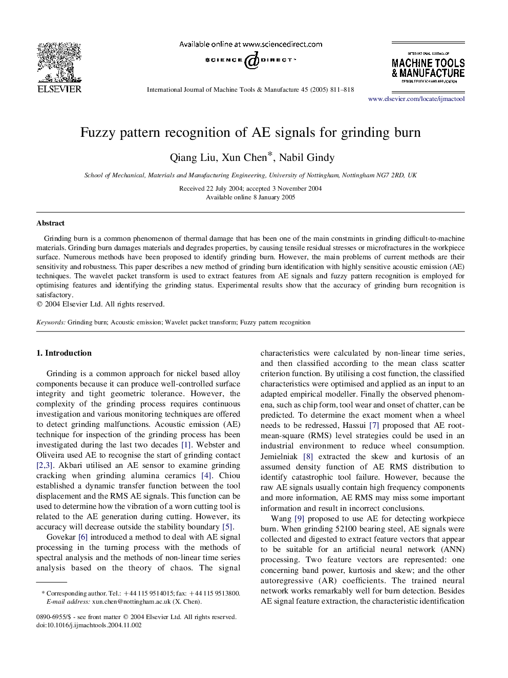 Fuzzy pattern recognition of AE signals for grinding burn