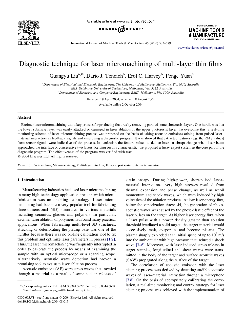 Diagnostic technique for laser micromachining of multi-layer thin films