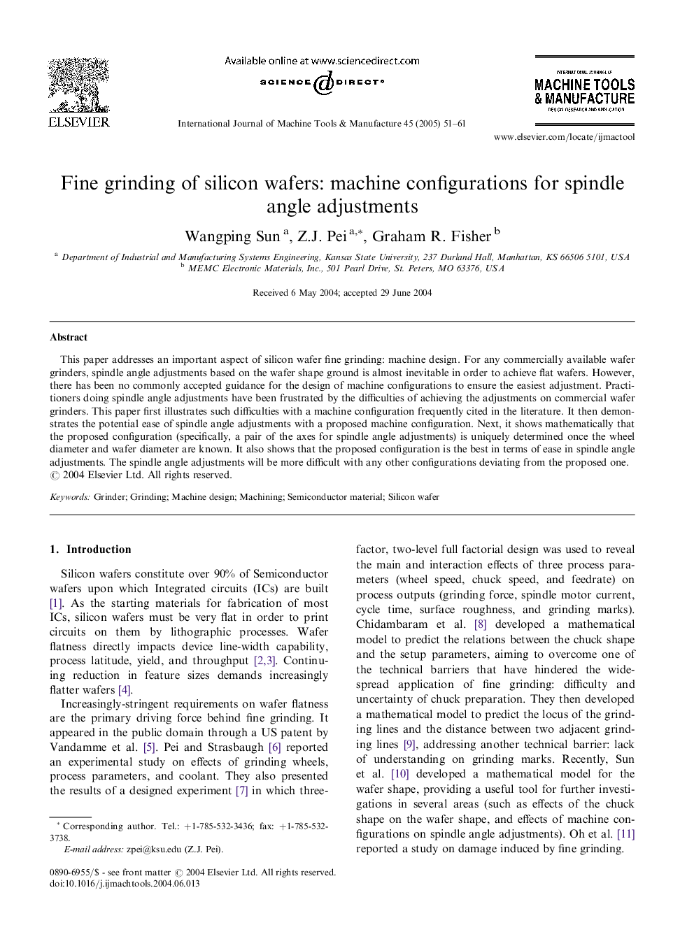 Fine grinding of silicon wafers: machine configurations for spindle angle adjustments