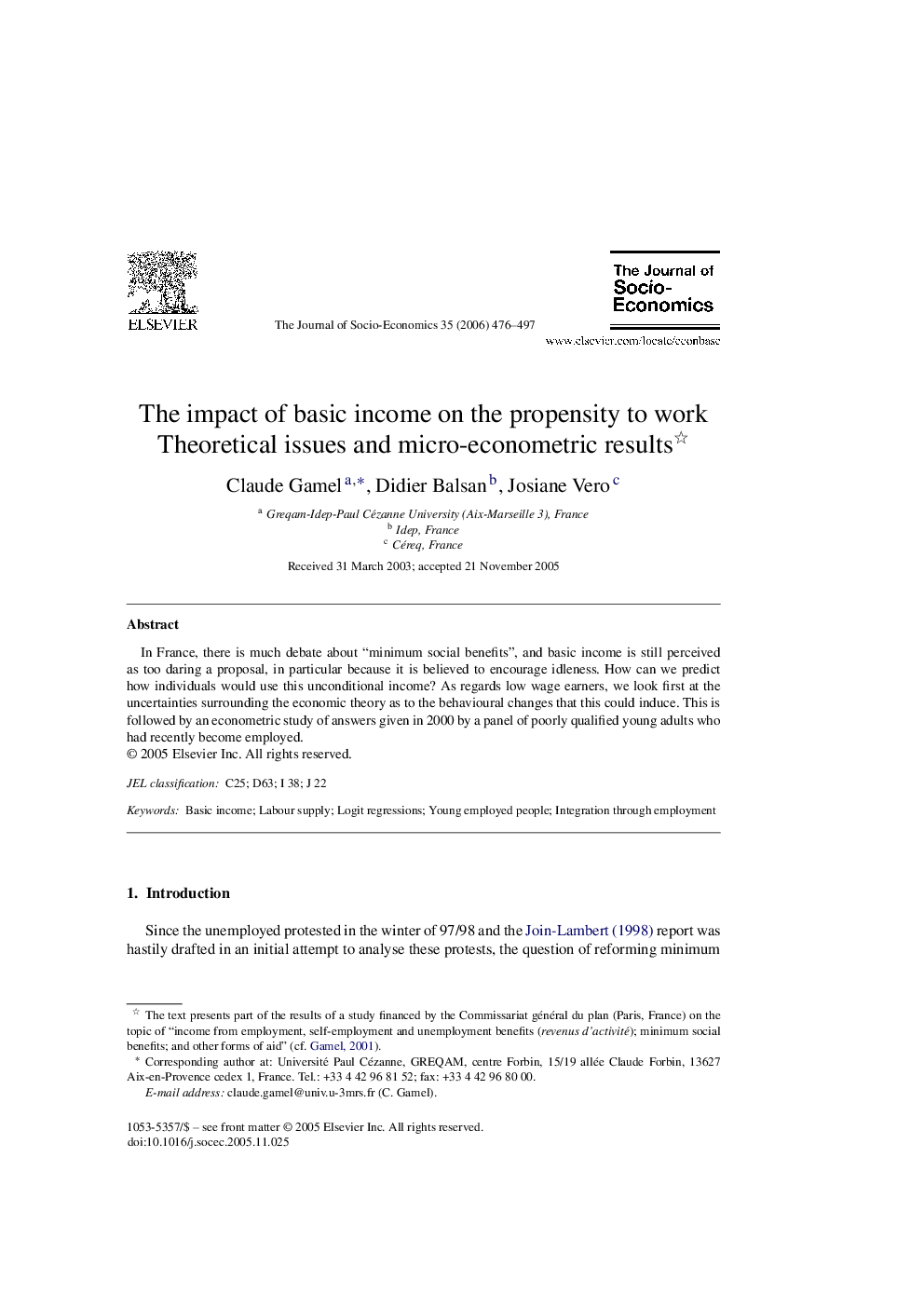 The impact of basic income on the propensity to work : Theoretical issues and micro-econometric results