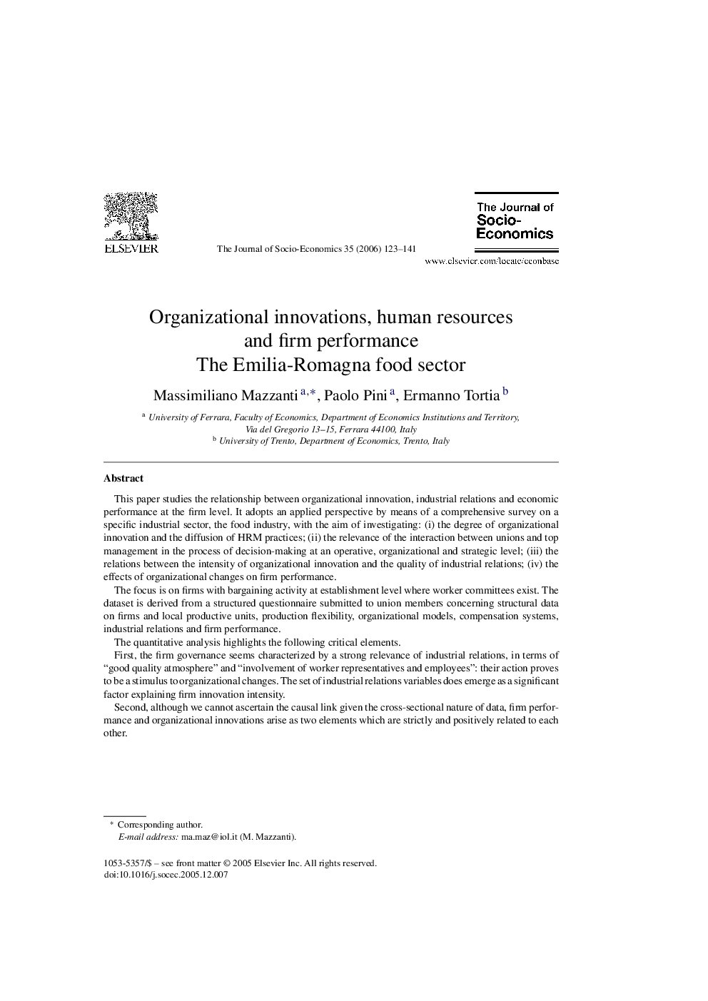 Organizational innovations, human resources and firm performance: The Emilia-Romagna food sector