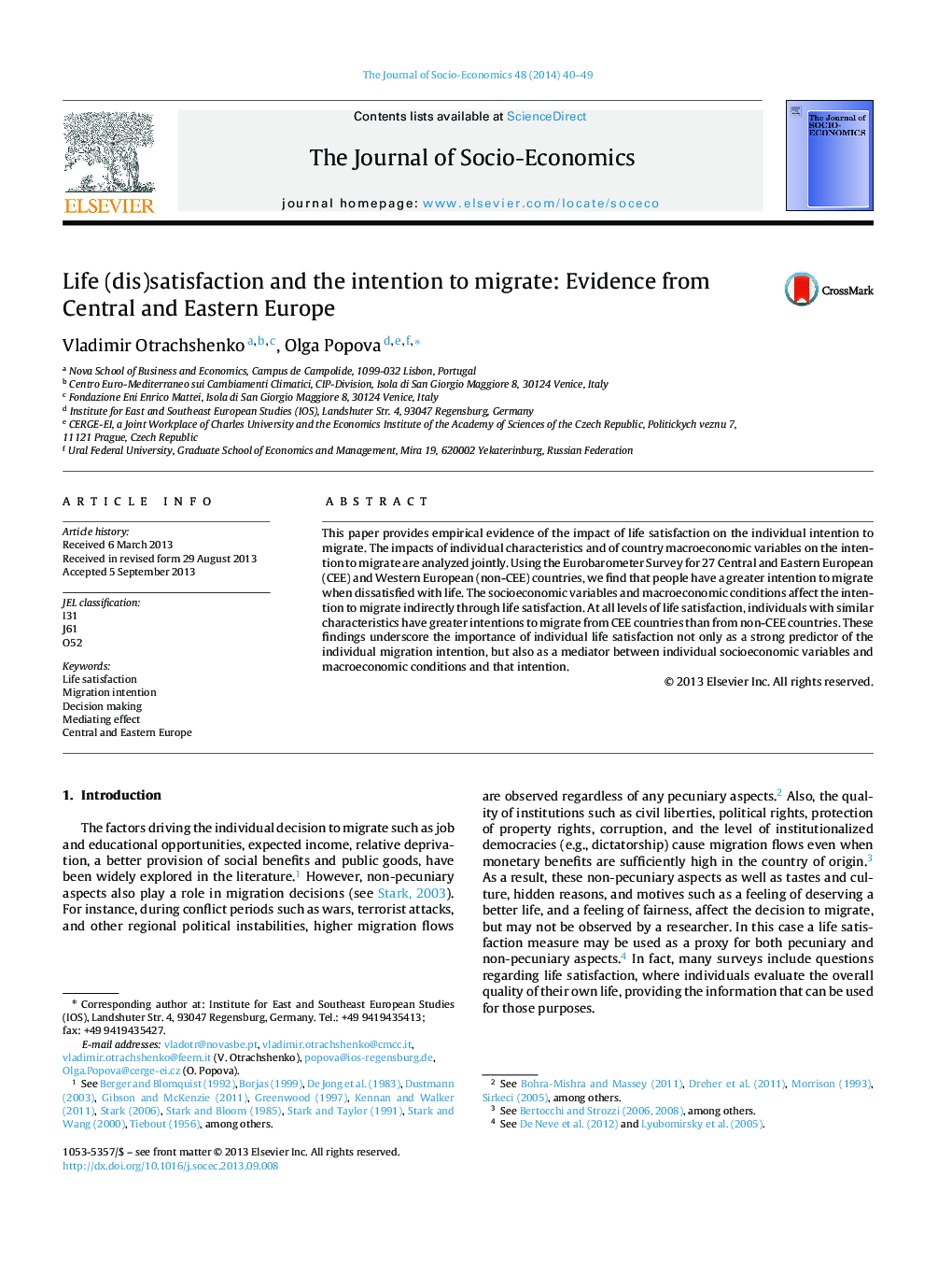 Life (dis)satisfaction and the intention to migrate: Evidence from Central and Eastern Europe