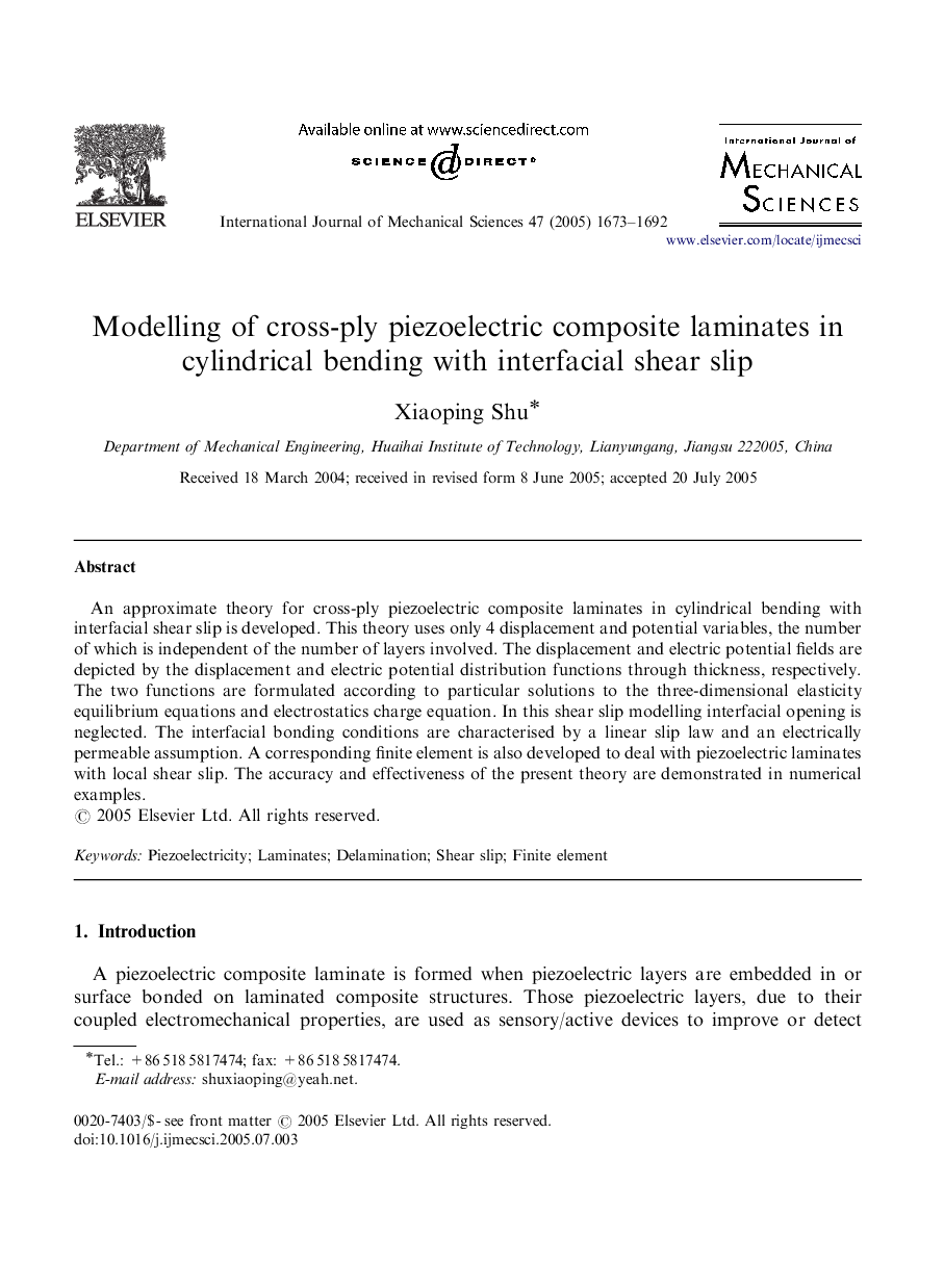 Modelling of cross-ply piezoelectric composite laminates in cylindrical bending with interfacial shear slip