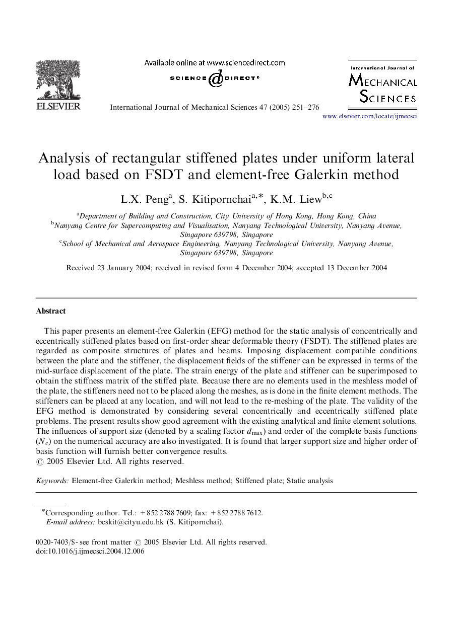 Analysis of rectangular stiffened plates under uniform lateral load based on FSDT and element-free Galerkin method