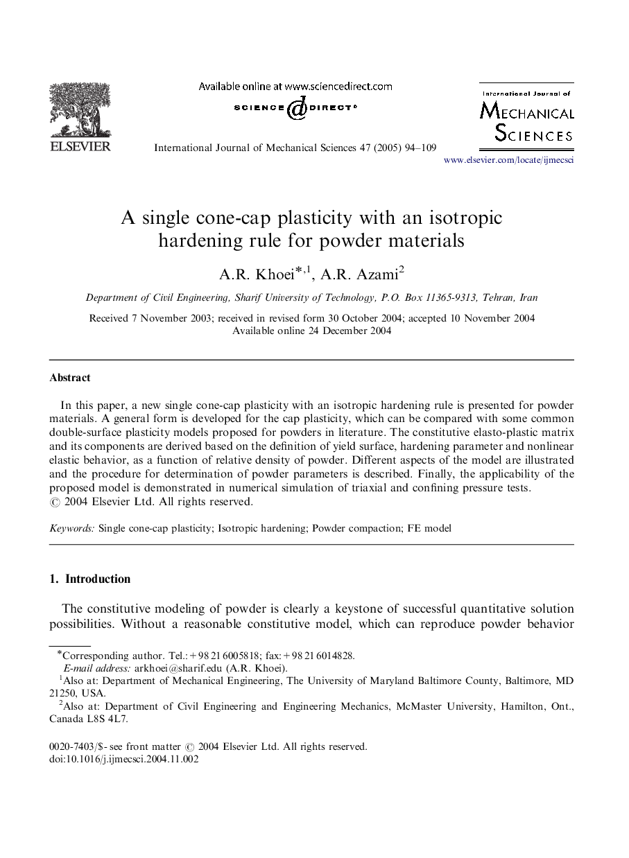 A single cone-cap plasticity with an isotropic hardening rule for powder materials