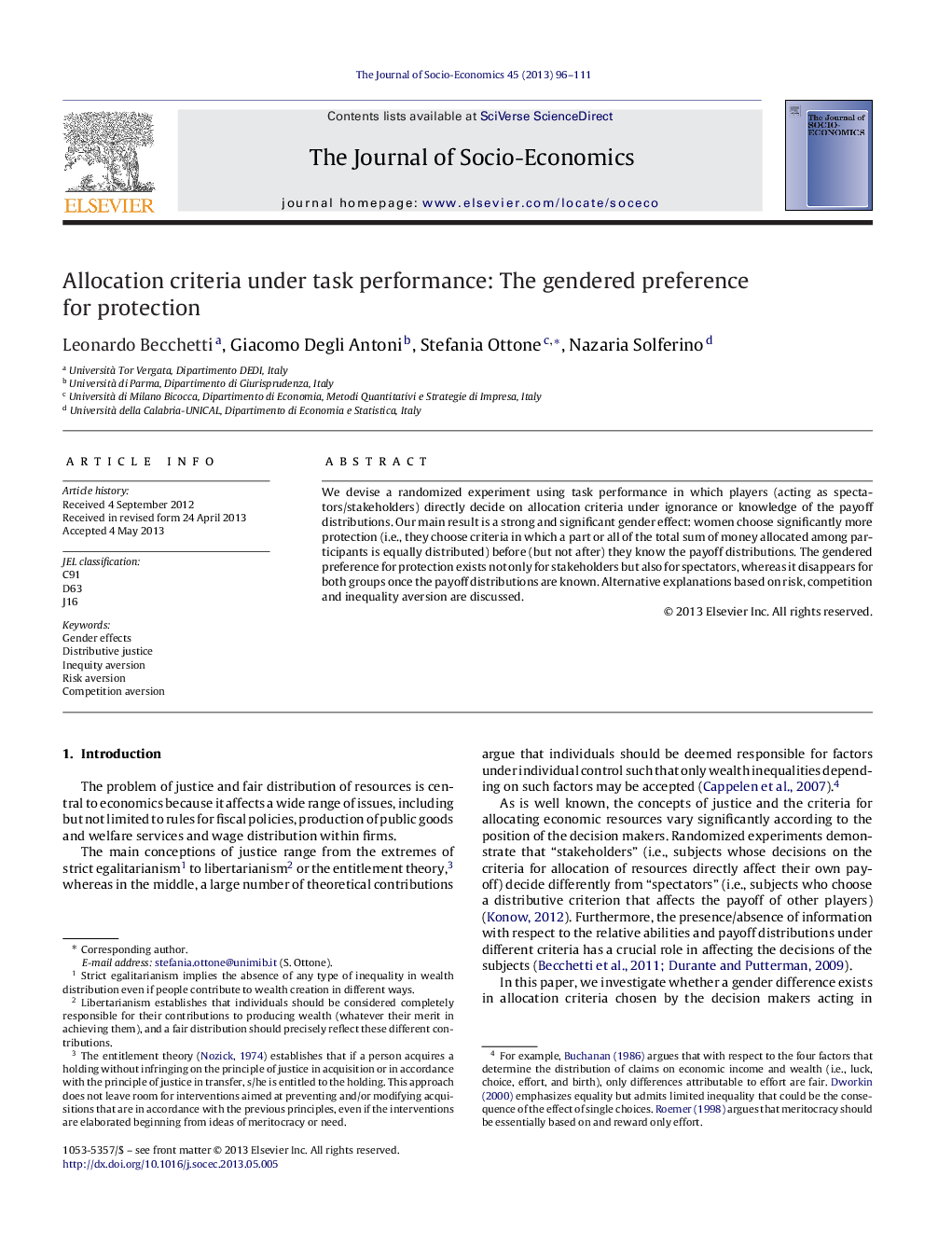 Allocation criteria under task performance: The gendered preference for protection