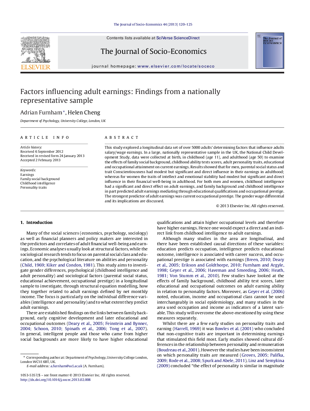 Factors influencing adult earnings: Findings from a nationally representative sample