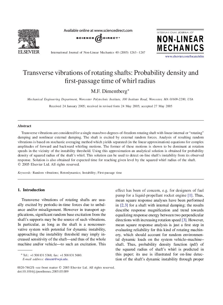 Transverse vibrations of rotating shafts: Probability density and first-passage time of whirl radius