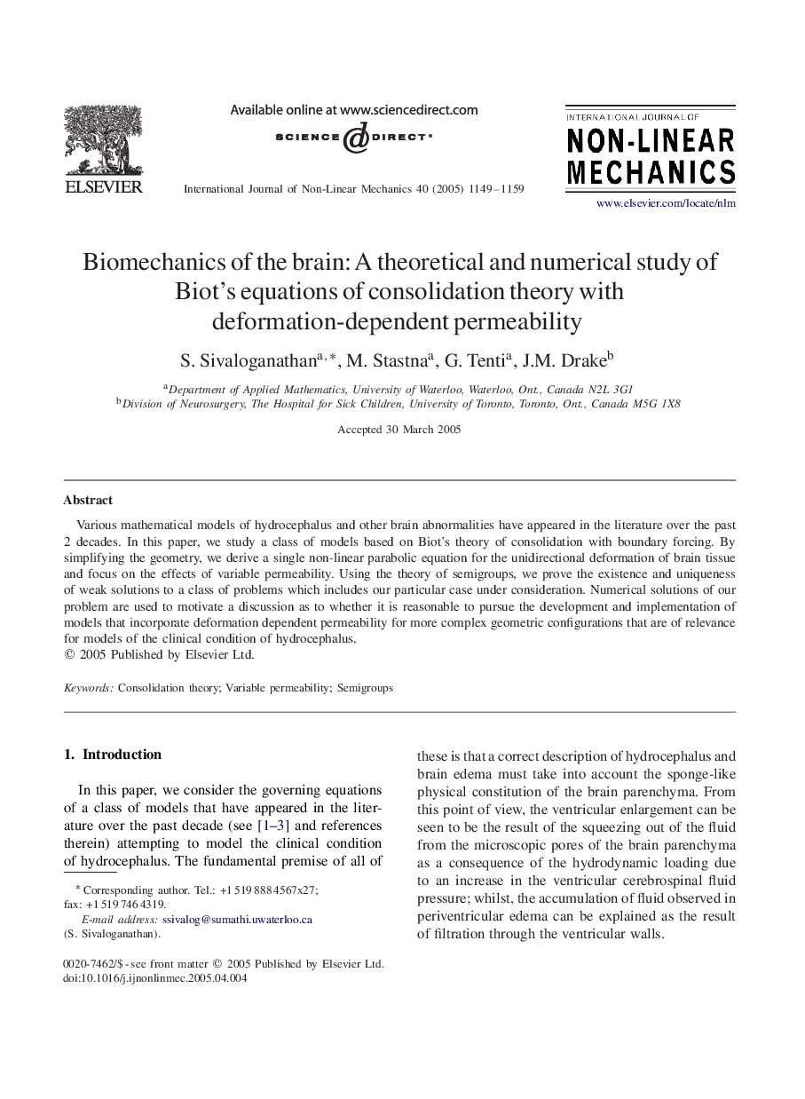 Biomechanics of the brain: A theoretical and numerical study of Biot's equations of consolidation theory with deformation-dependent permeability