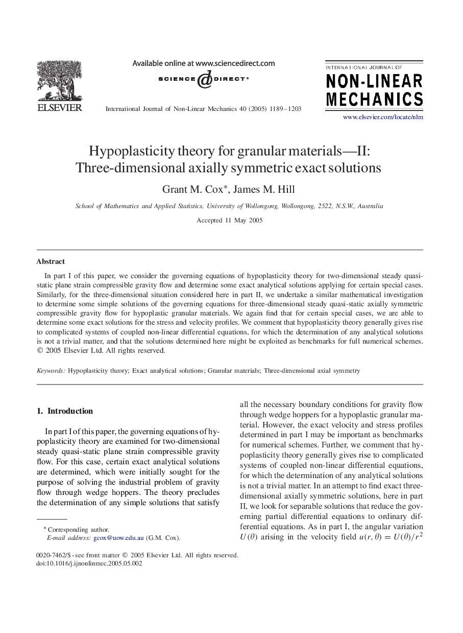 Hypoplasticity theory for granular materials-II: Three-dimensional axially symmetric exact solutions