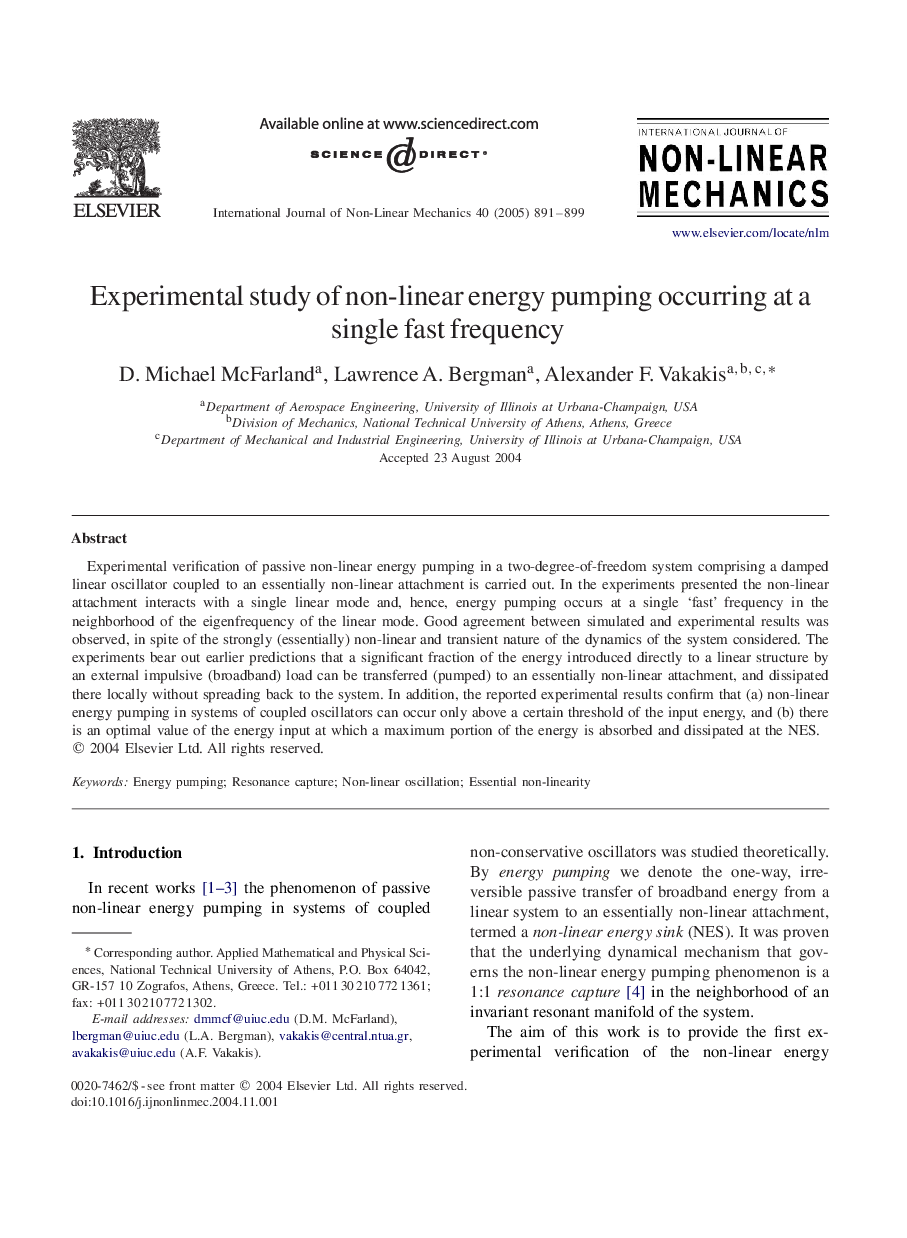 Experimental study of non-linear energy pumping occurring at a single fast frequency