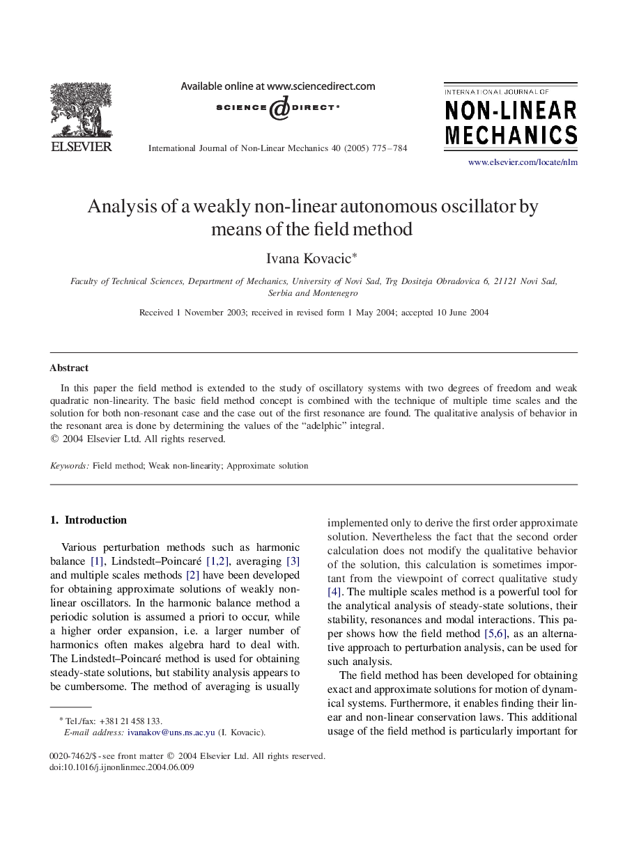 Analysis of a weakly non-linear autonomous oscillator by means of the field method