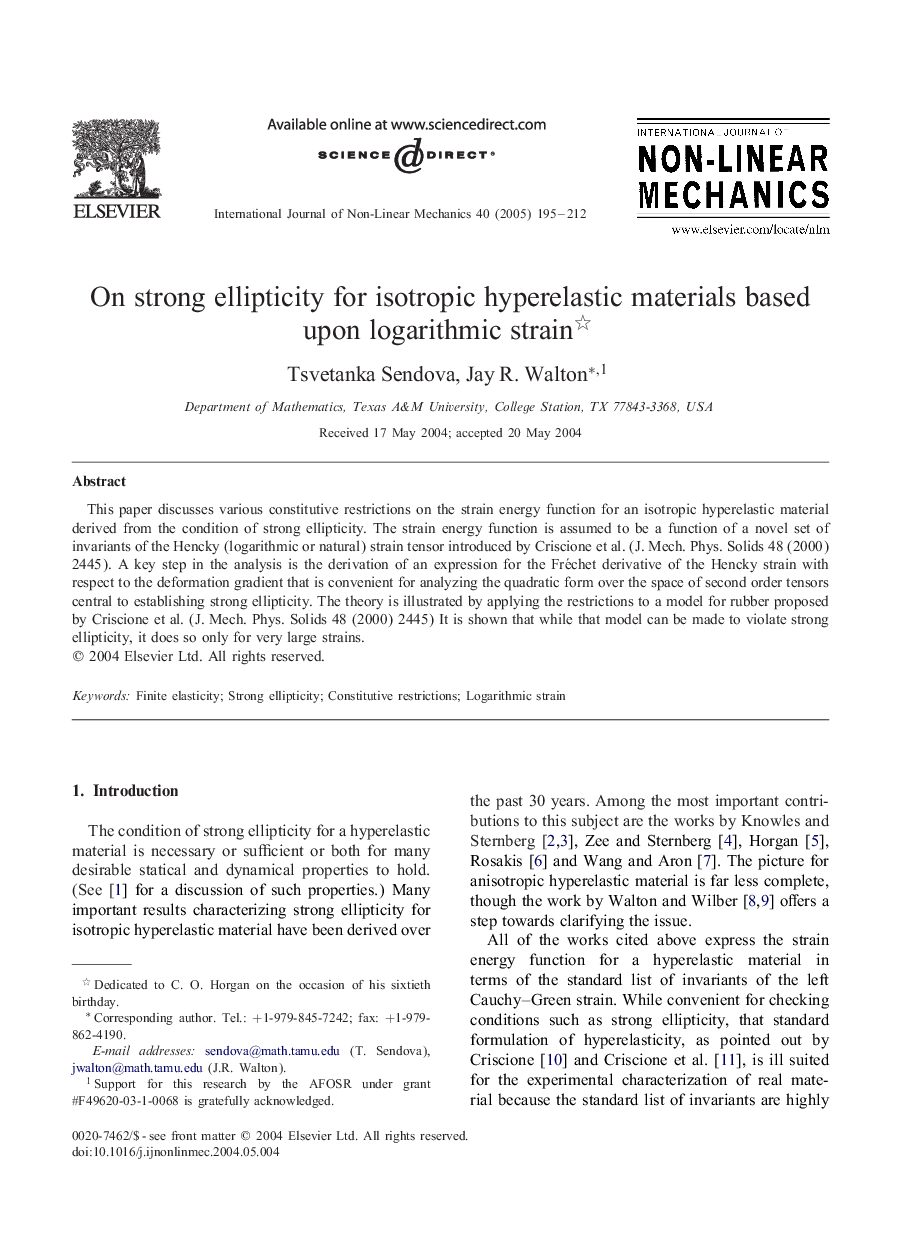 On strong ellipticity for isotropic hyperelastic materials based upon logarithmic strain