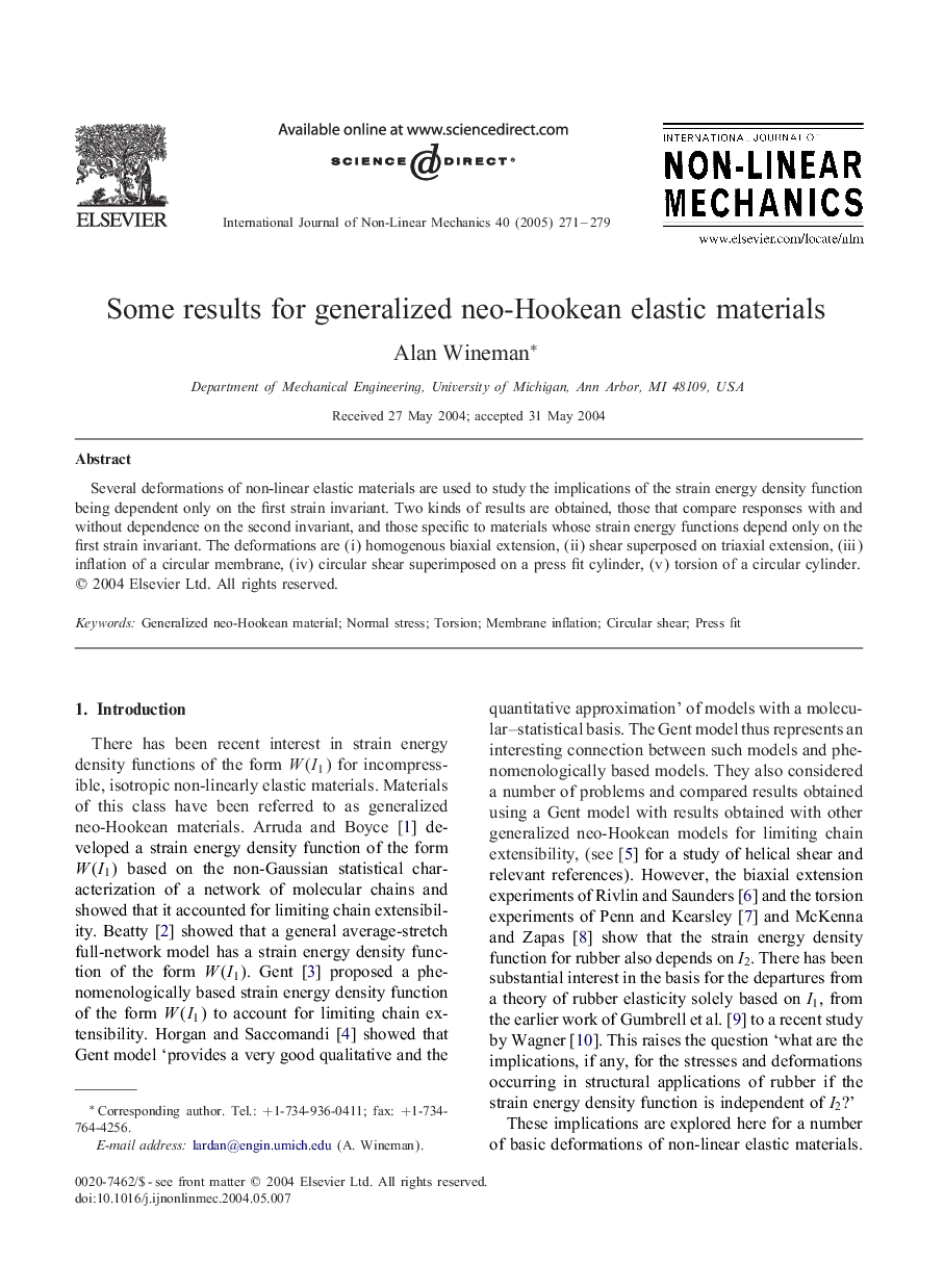 Some results for generalized neo-Hookean elastic materials