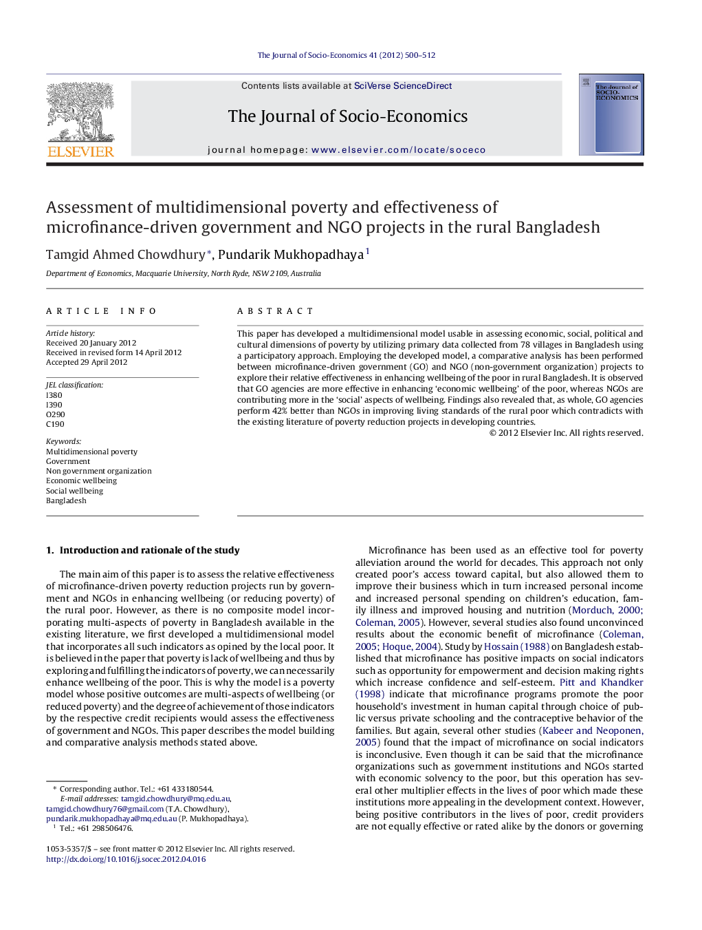 Assessment of multidimensional poverty and effectiveness of microfinance-driven government and NGO projects in the rural Bangladesh