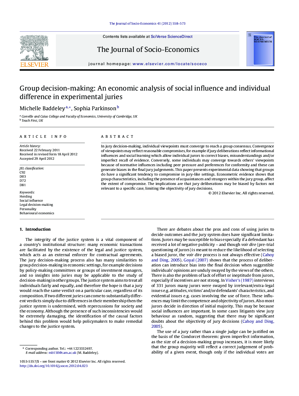 Group decision-making: An economic analysis of social influence and individual difference in experimental juries