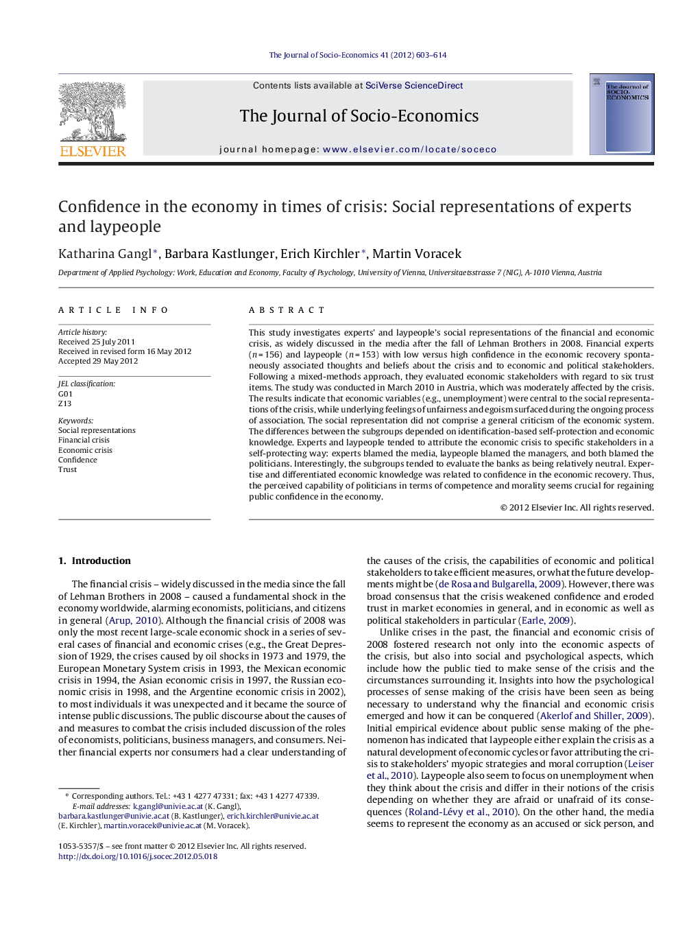 Confidence in the economy in times of crisis: Social representations of experts and laypeople