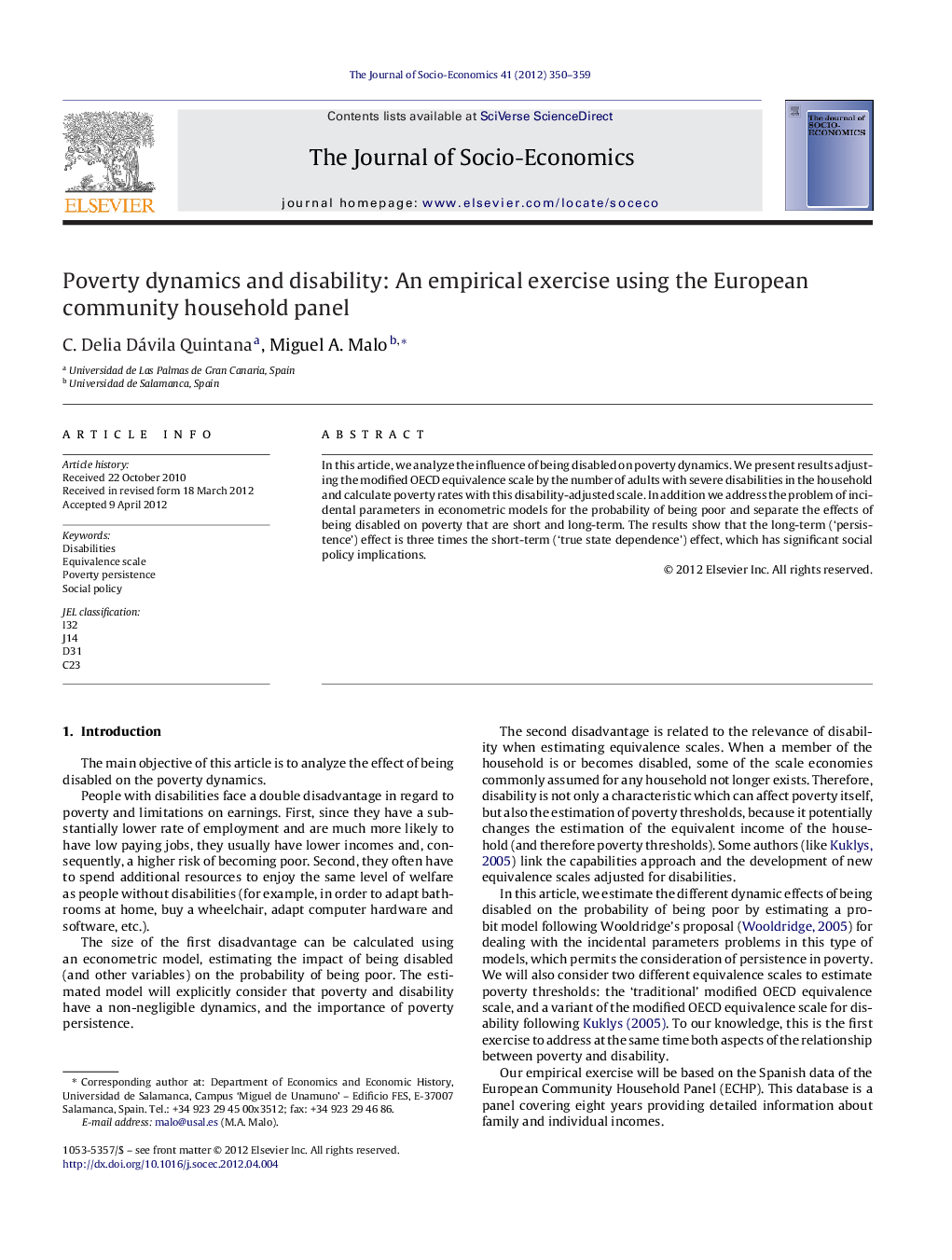 Poverty dynamics and disability: An empirical exercise using the European community household panel