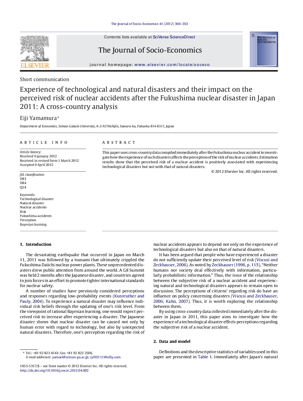 Experience of technological and natural disasters and their impact on the perceived risk of nuclear accidents after the Fukushima nuclear disaster in Japan 2011: A cross-country analysis