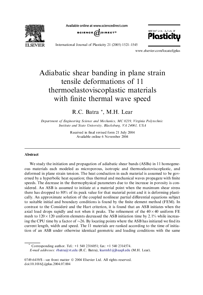 Adiabatic shear banding in plane strain tensile deformations of 11 thermoelastoviscoplastic materials with finite thermal wave speed