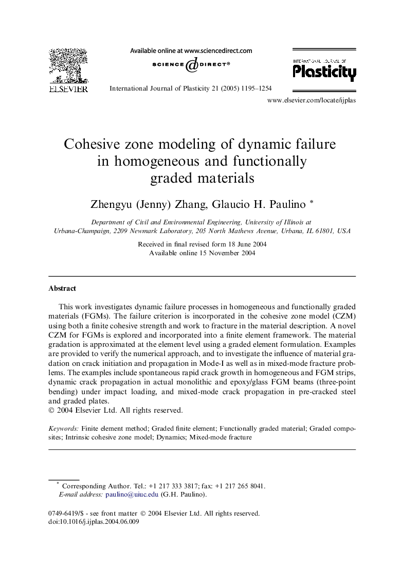 Cohesive zone modeling of dynamic failure in homogeneous and functionally graded materials