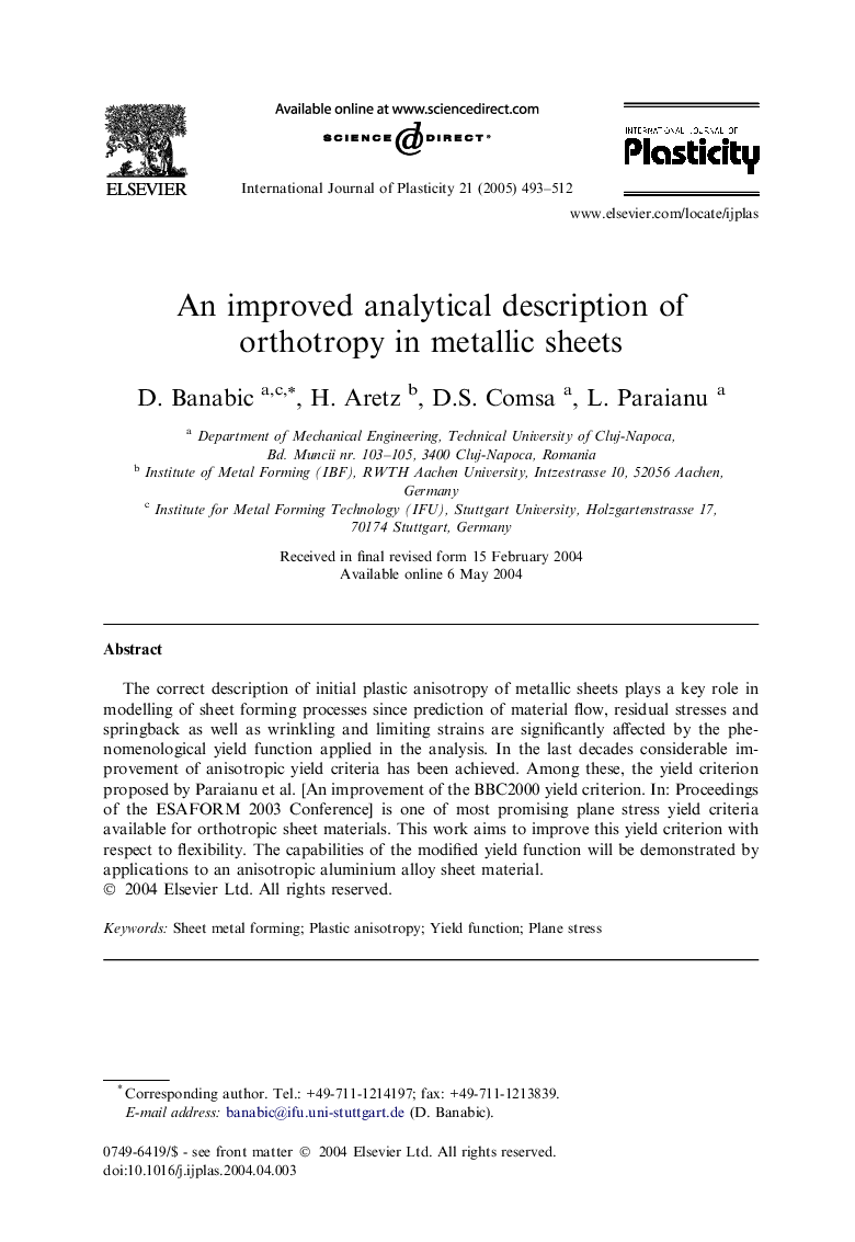 An improved analytical description of orthotropy in metallic sheets