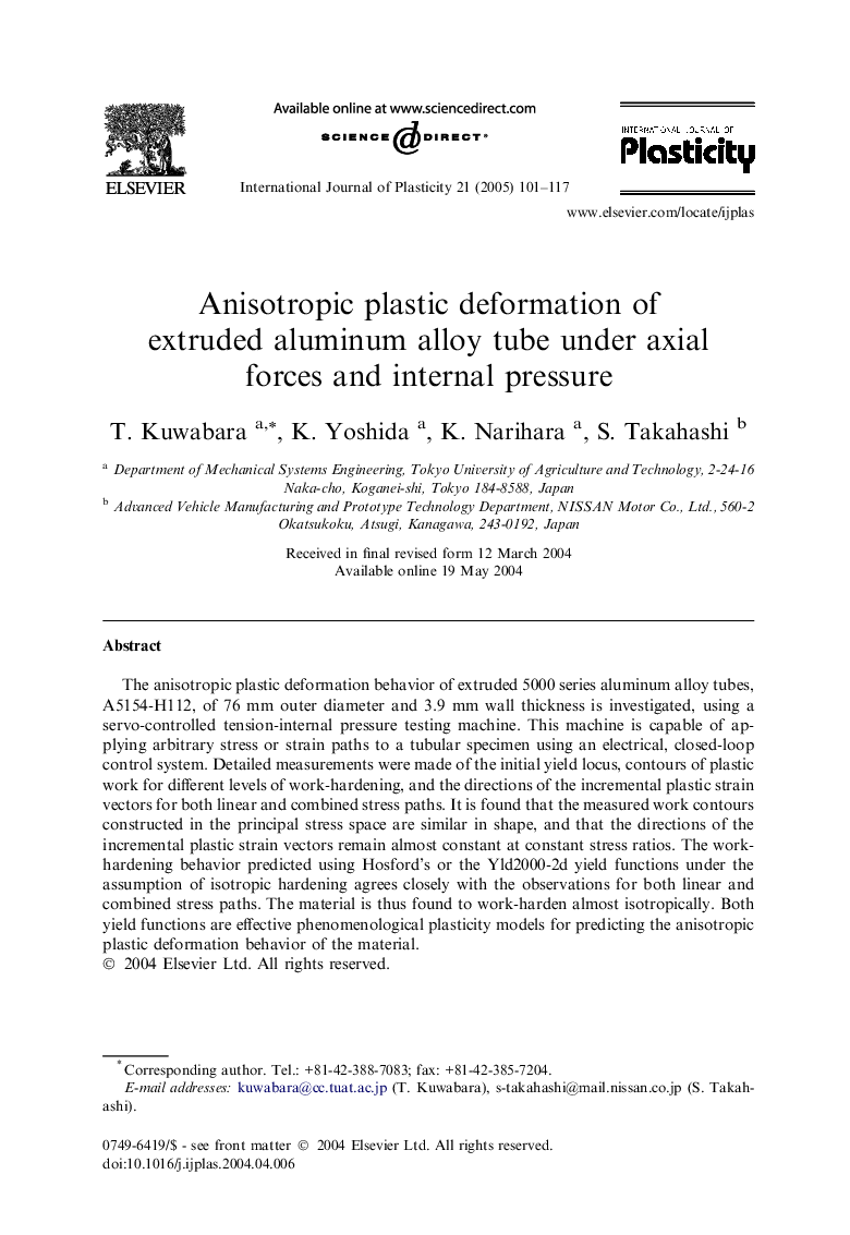 Anisotropic plastic deformation of extruded aluminum alloy tube under axial forces and internal pressure