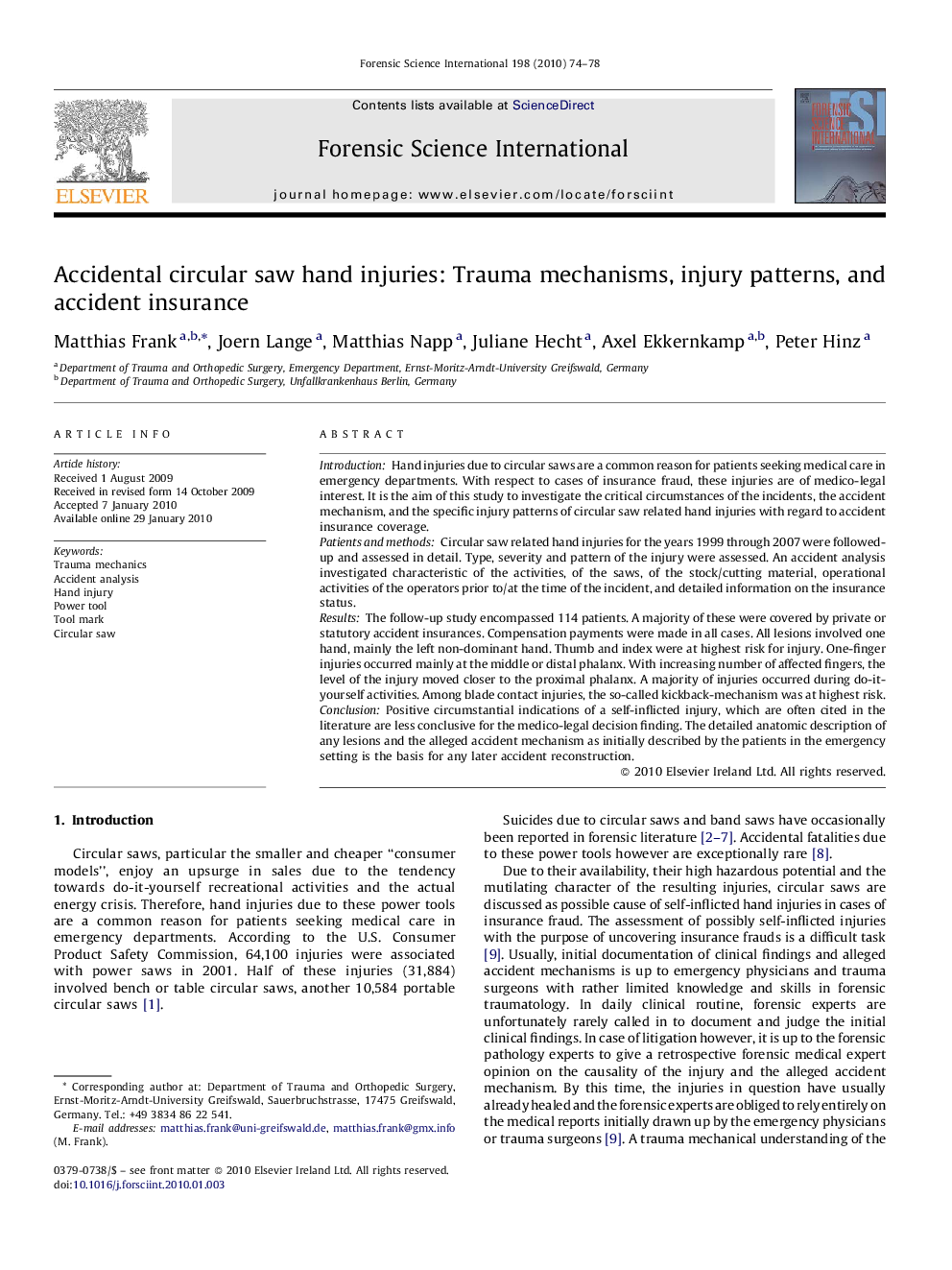 Accidental circular saw hand injuries: Trauma mechanisms, injury patterns, and accident insurance