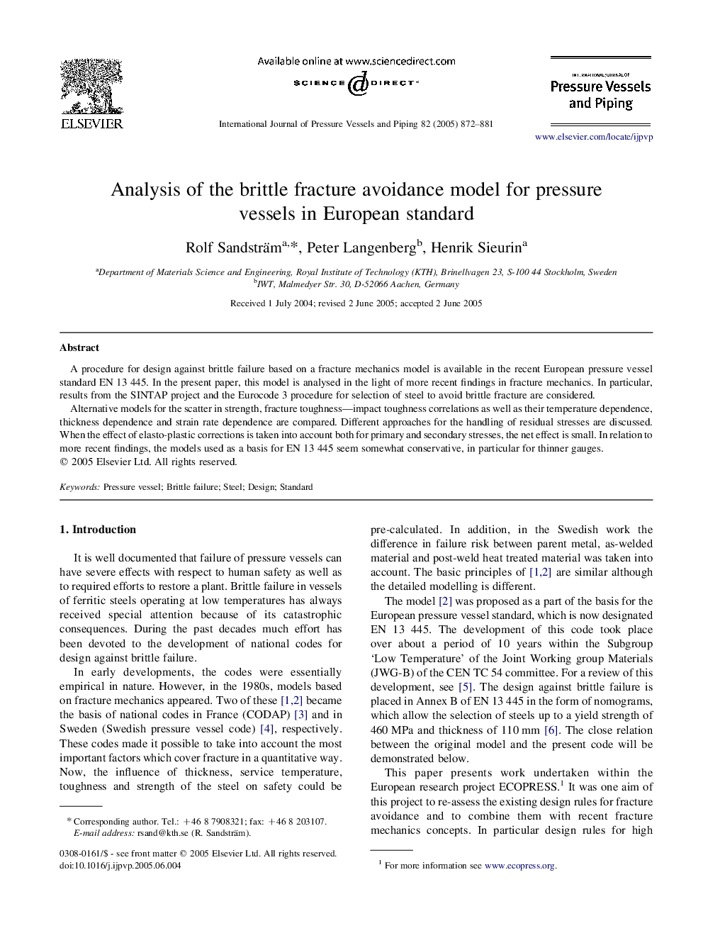 Analysis of the brittle fracture avoidance model for pressure vessels in European standard