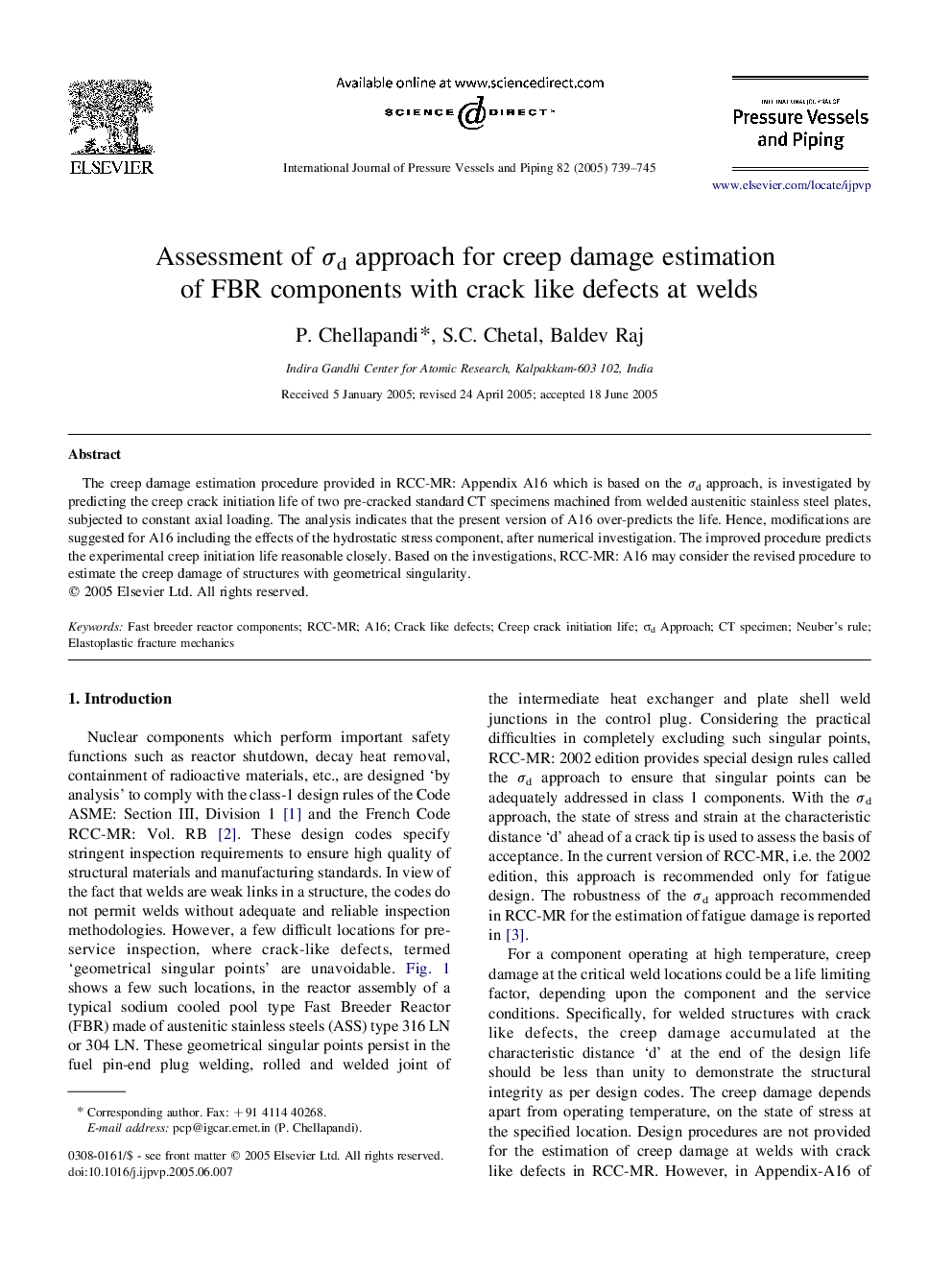 Assessment of Ïd approach for creep damage estimation of FBR components with crack like defects at welds