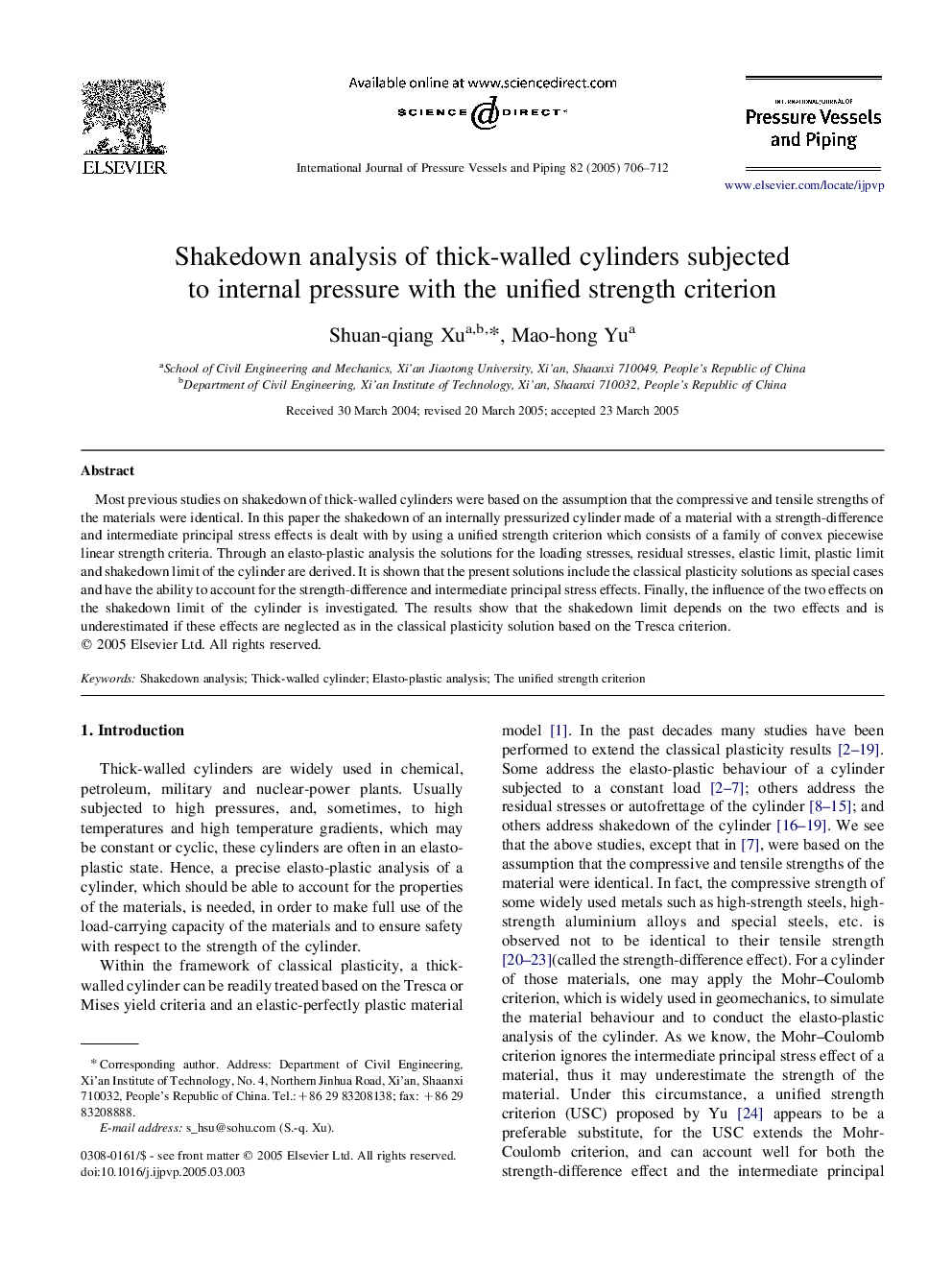 Shakedown analysis of thick-walled cylinders subjected to internal pressure with the unified strength criterion