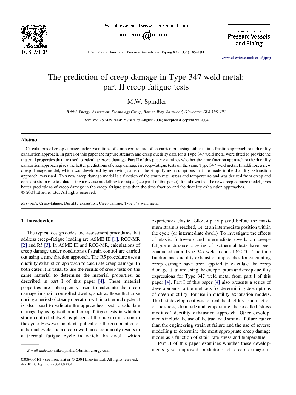 The prediction of creep damage in Type 347 weld metal: part II creep fatigue tests