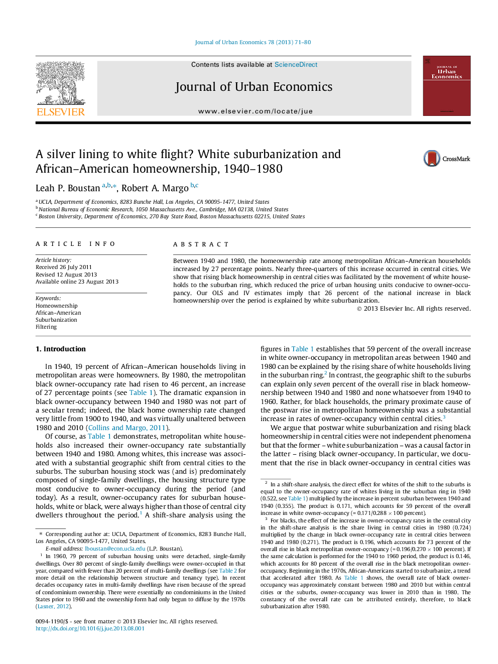 A silver lining to white flight? White suburbanization and African–American homeownership, 1940–1980