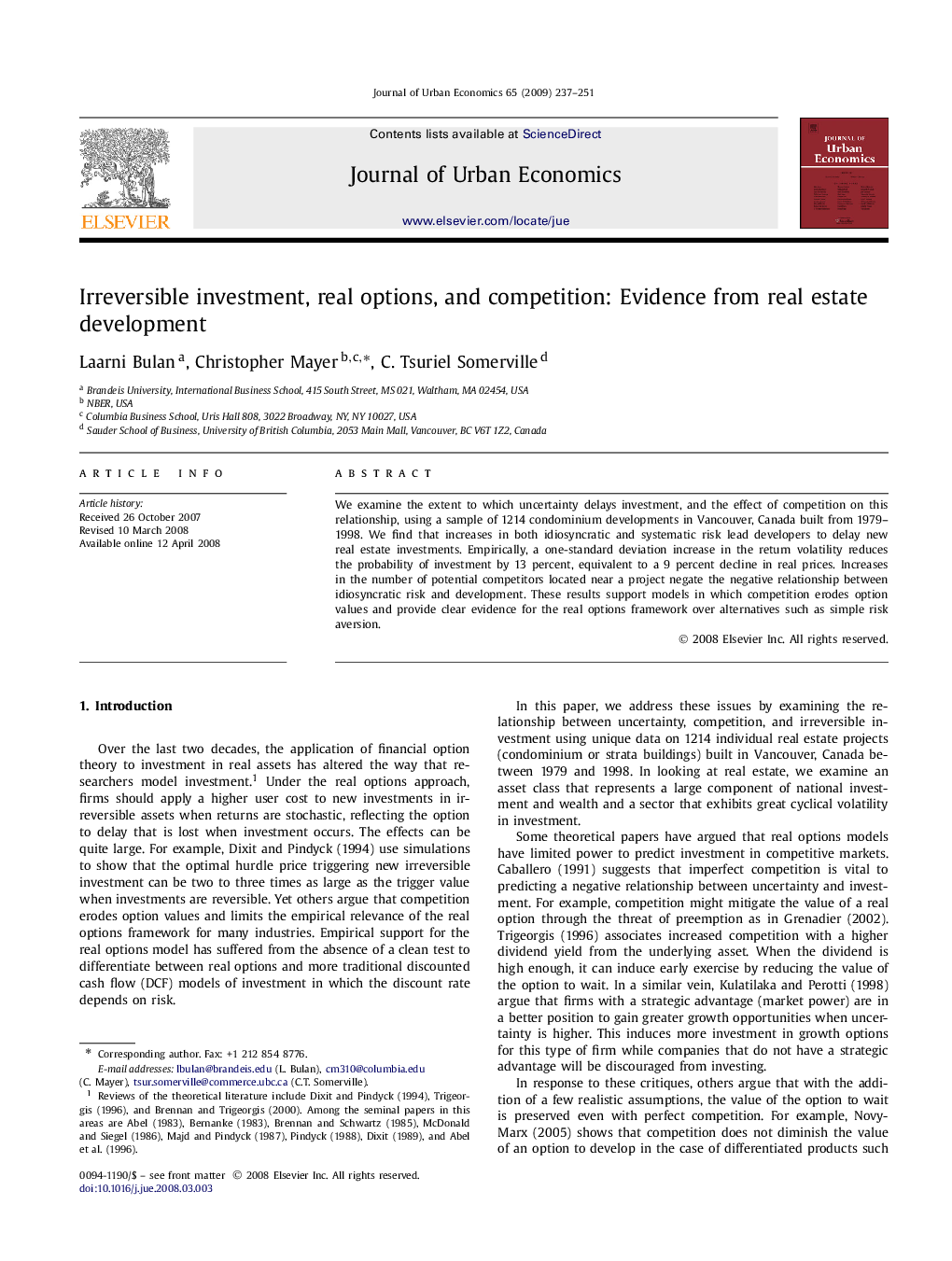 Irreversible investment, real options, and competition: Evidence from real estate development